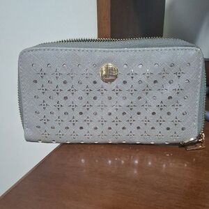 Perforated Metallic Silver Zip-Around Wallet with Gold Accent